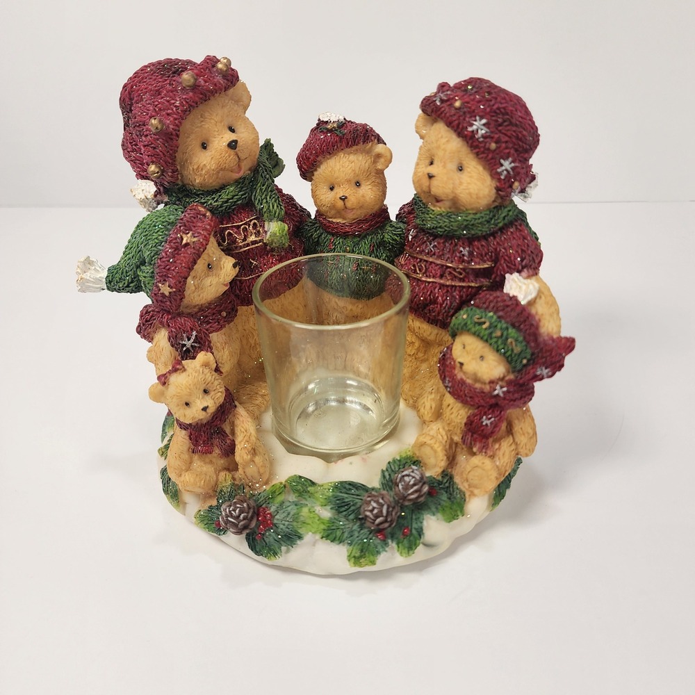Vtg Home Interiors Gifts Christmas Teddy Bear Family Votive Candle Holder no boc